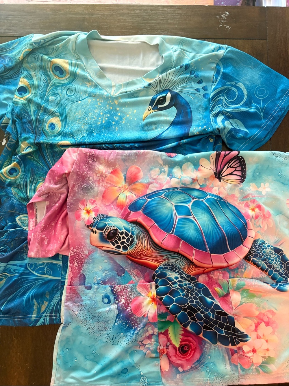 Women’s Pink Sea Turtle and Blue Peacock Scrub Tops